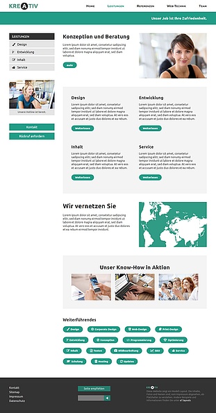 Seite mit Menü links und außergewöhnlicher Darstellung einer Sitemap der Unterseiten unten bei Weiterführendes (Screenshot: volle Seitenlänge bei 1280px Breite)