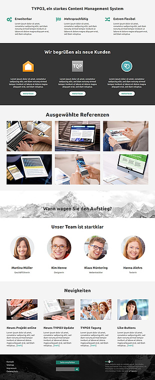 Fortsetzung der Startseite mit weiteren sehr abwechslungsreich gestalteten Inhalten (Screenshot: volle Seitenlänge bei 1280px Breite)