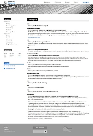 Ansprechende Seite mit automatischem Glossar zur Erklärung der Fachbegriffe (Screenshot: volle Seitenlänge bei 1280px Breite)