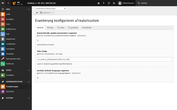 Einstellungsoptionen der TYPO3-Erweiterung a7realurlcustom zur Anpassung und Ergänzung der TYPO3-Extension realurl