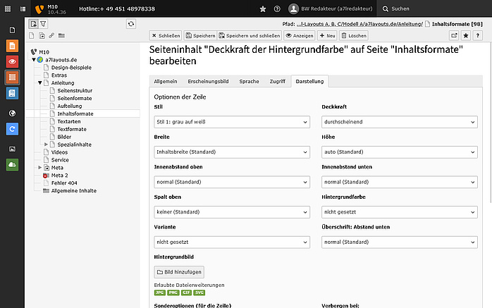 Einstellungsoptionen, die Redakteure pro Inhaltselement dank der TYPO3-Extension a7styles zur Auswahl haben