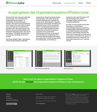 Dreispaltige Darstellung von Text und Bildern wechselt sich mit Text über die ganze Breite ab (Screenshot: volle Seitenlänge bei 1280px Breite)